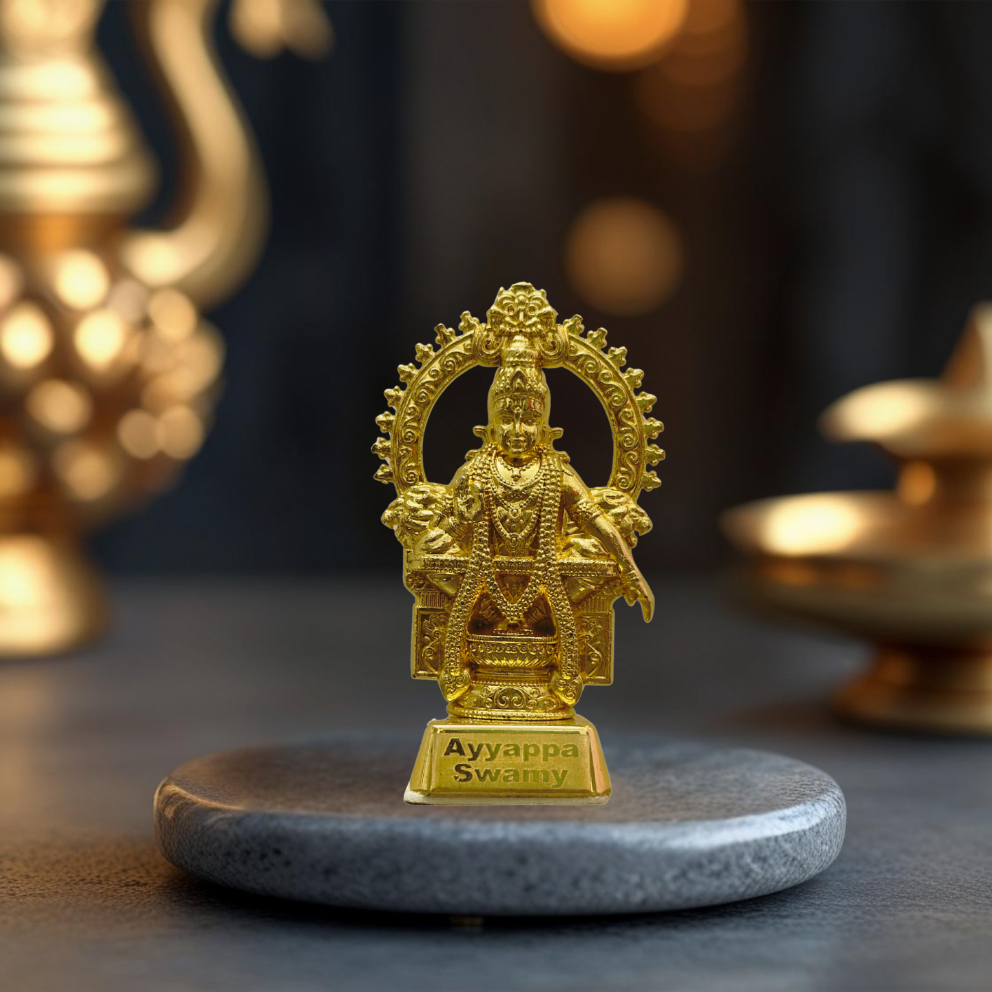 Ayyappan Swamy Idol for Car Dashboard | Antique Gold Metal Lord Ayyappa Statue – Premium Dashboard God Idol by Blessing Lights