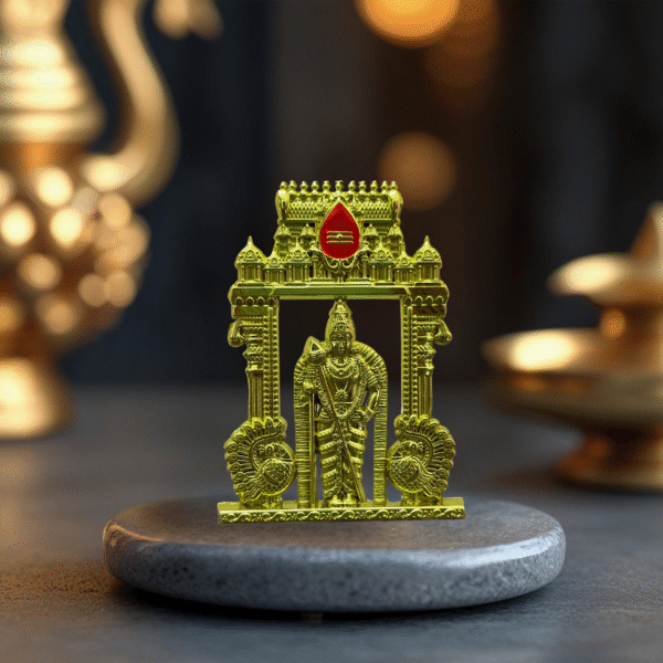 Murugan Statue with Temple Arch for Car Dashboard | Kartikeya Idol in Antique Gold Metal – Premium Car Dashboard God Idol by Blessing Lights