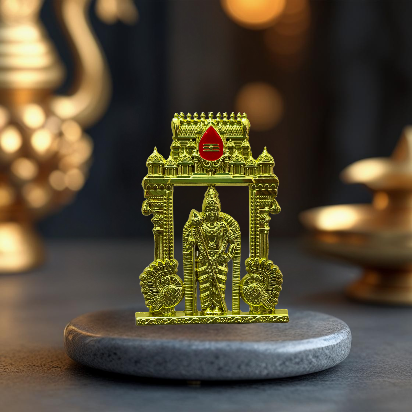 Murugan Statue with Temple Arch for Car Dashboard | Kartikeya Idol in Antique Gold Metal – Premium Car Dashboard God Idol by Blessing Lights