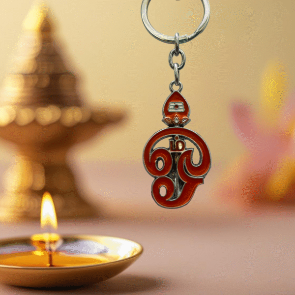 Tamil Om Keychain Metal | Om Vel Murugan Key Ring in Antique Orange Finish – Spiritual Car & Bike Keychain by Blessing Lights
