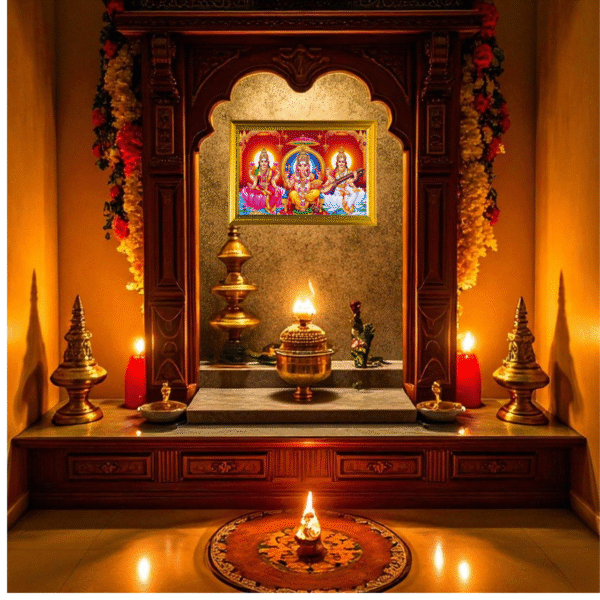 Lakshmi Ganesha Saraswati LED Photo Frame – A4 Size – Warm Light – Wall Mountable by Blessing Lights